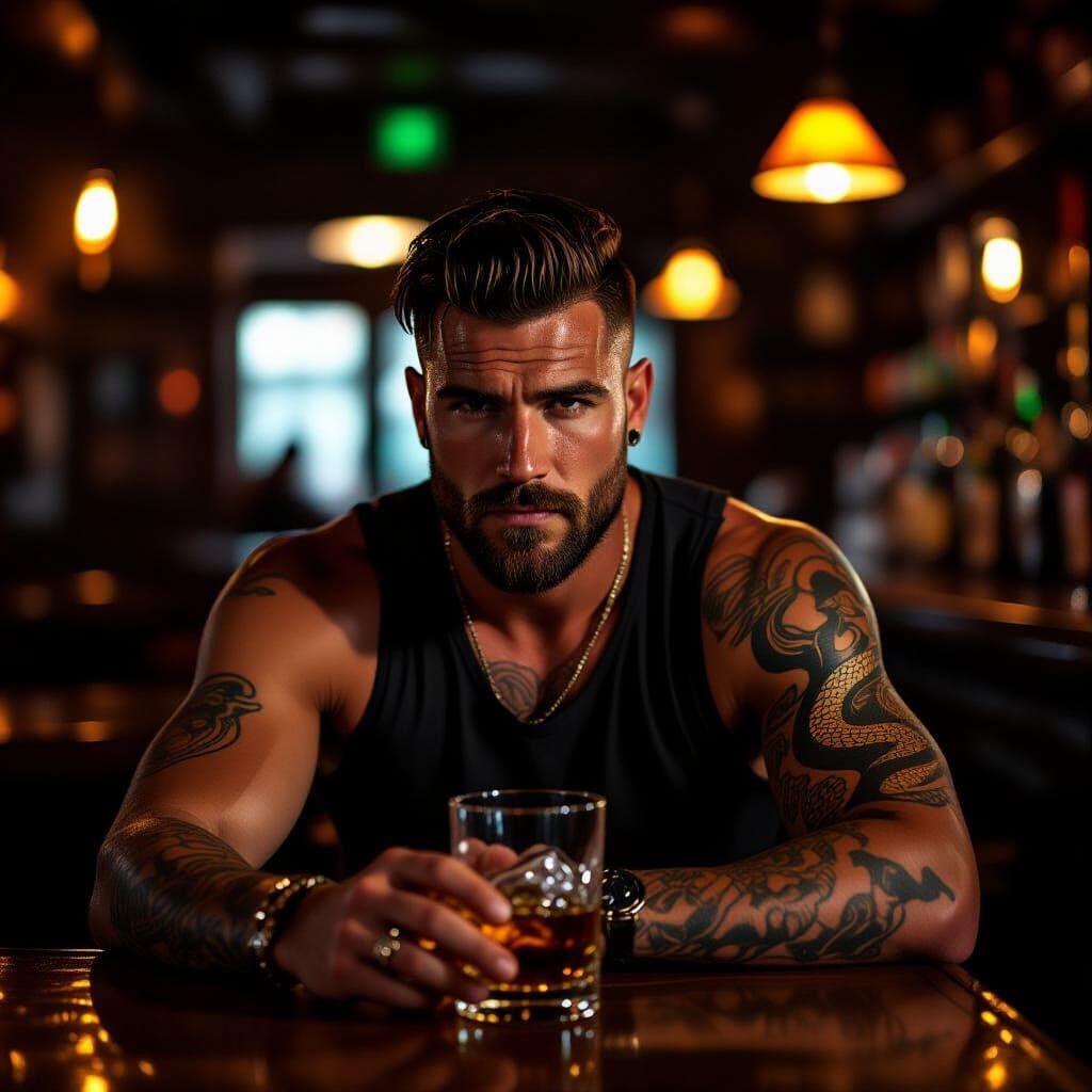 Man with Snake Tattoo in Moody Bar, Fashion Photography