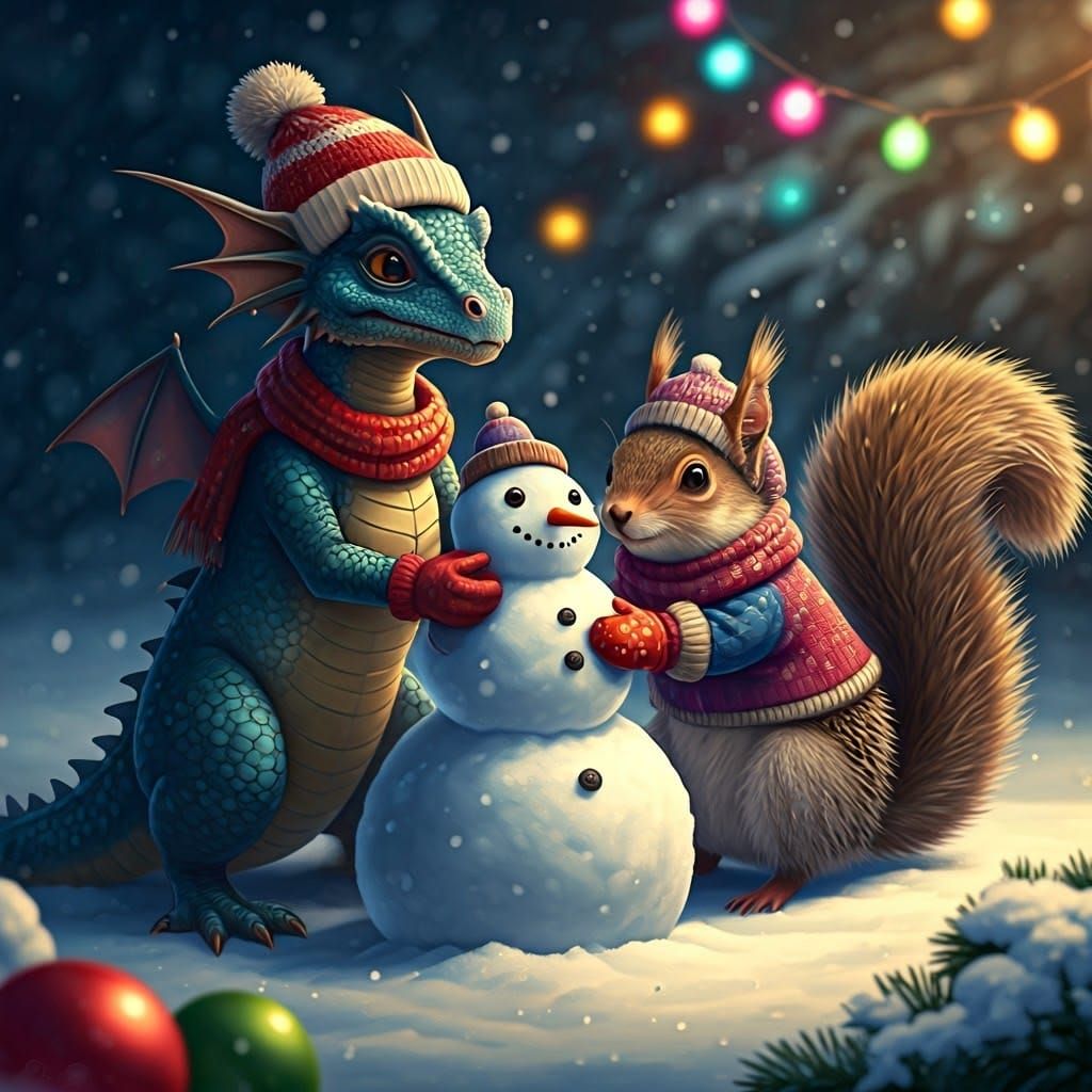 Dragon, Squirrel, and Hedgehog Building a Snowman