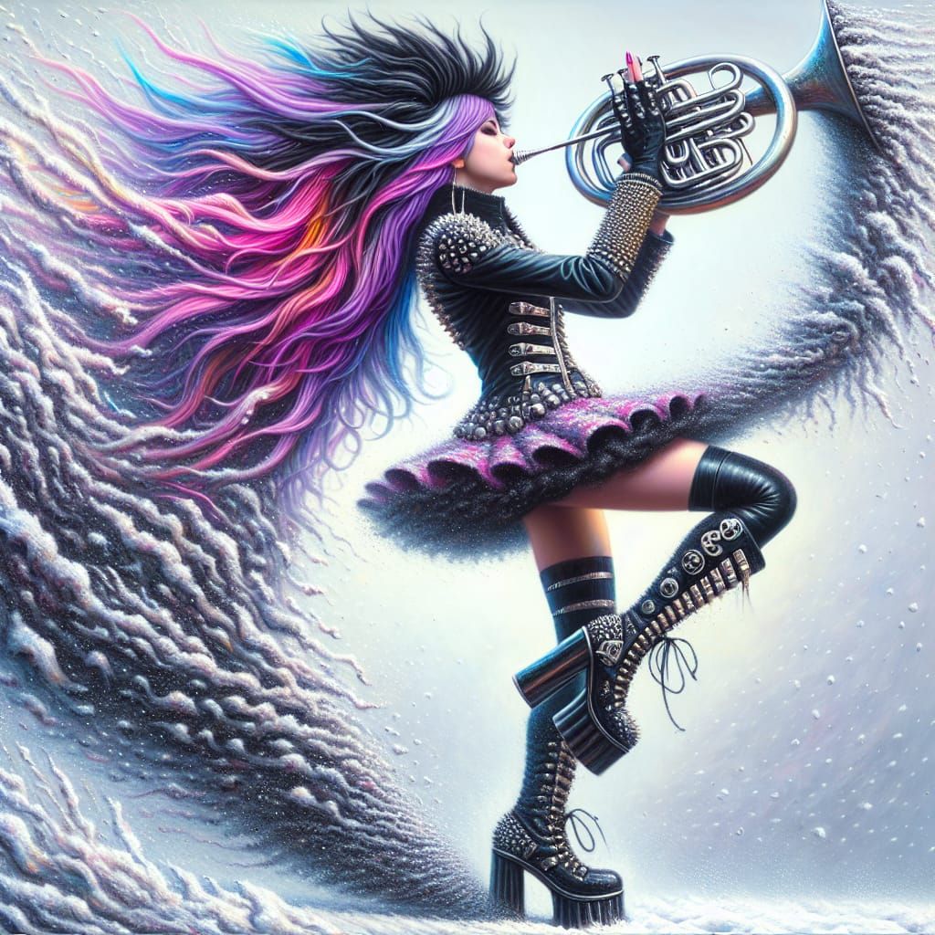 Vibrant Punk Girl Plays Silver French Horn in Icy Blizzard