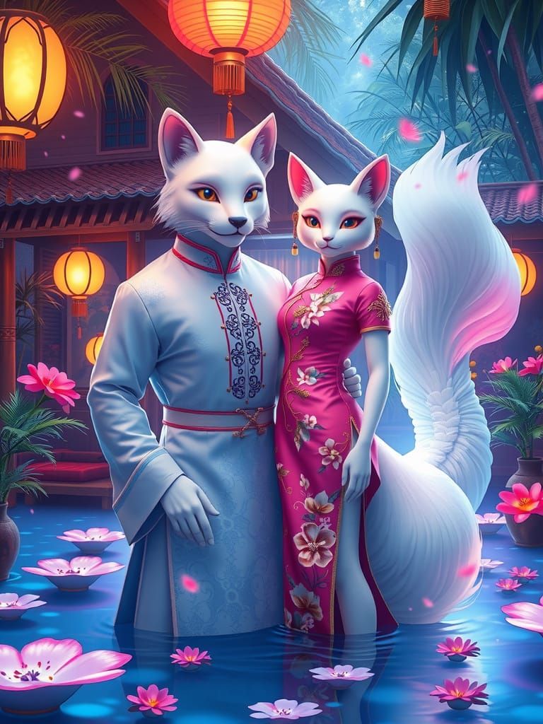 Kitsune and Bakeneko Entwined in Ethereal Neon Dreamscape