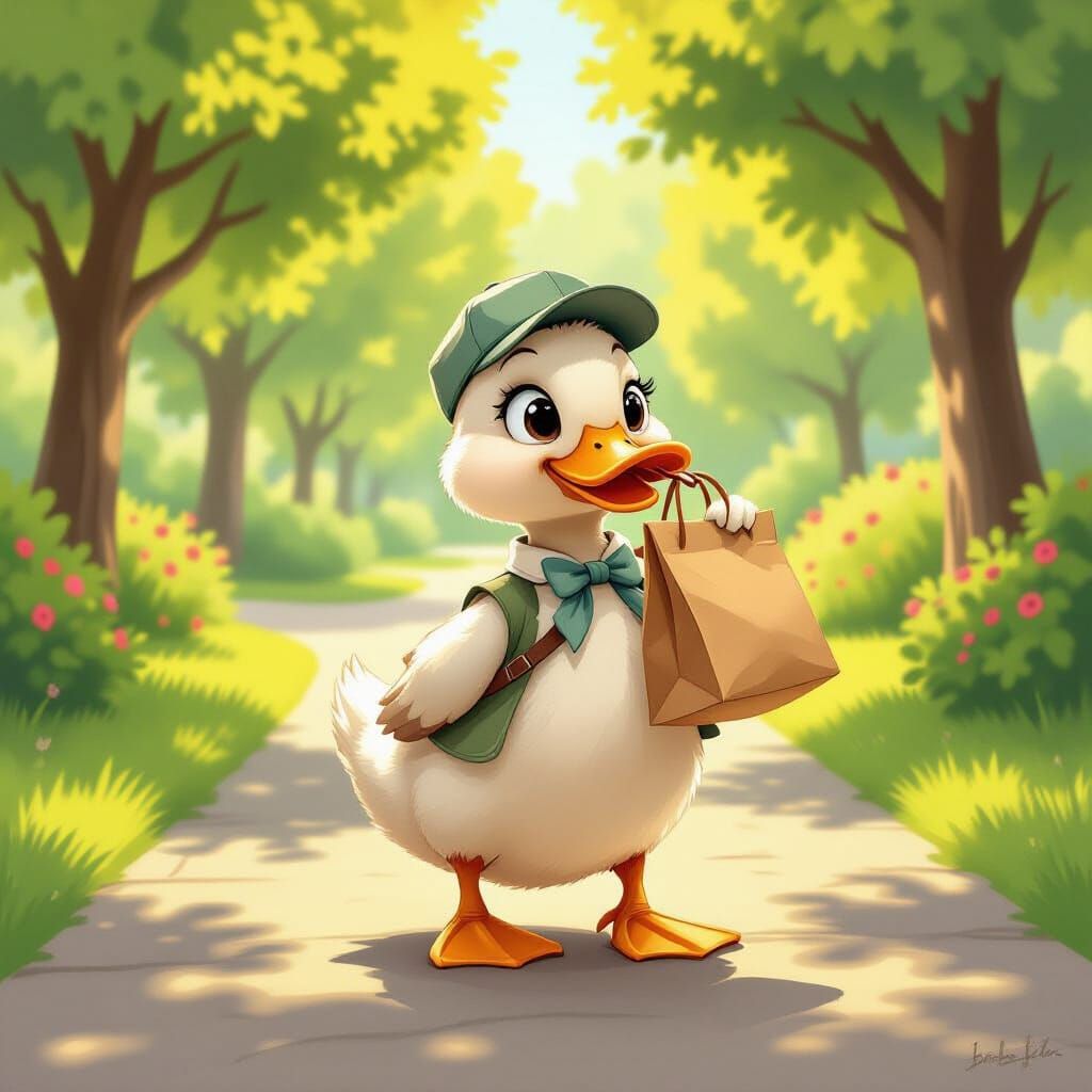 Friendly Duck Delivers Lunch in Sunlit Park