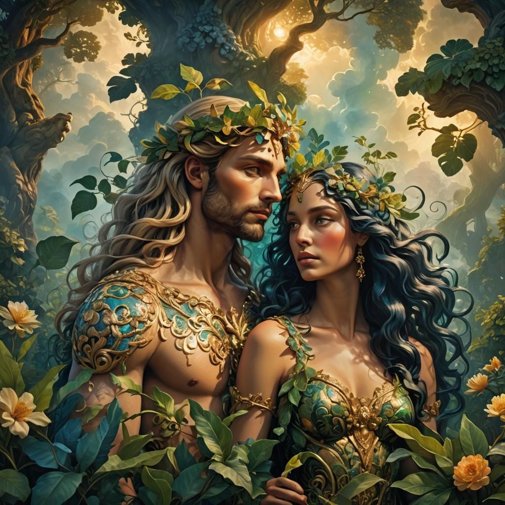 Adam and Eve in Baroque Fantasy Garden