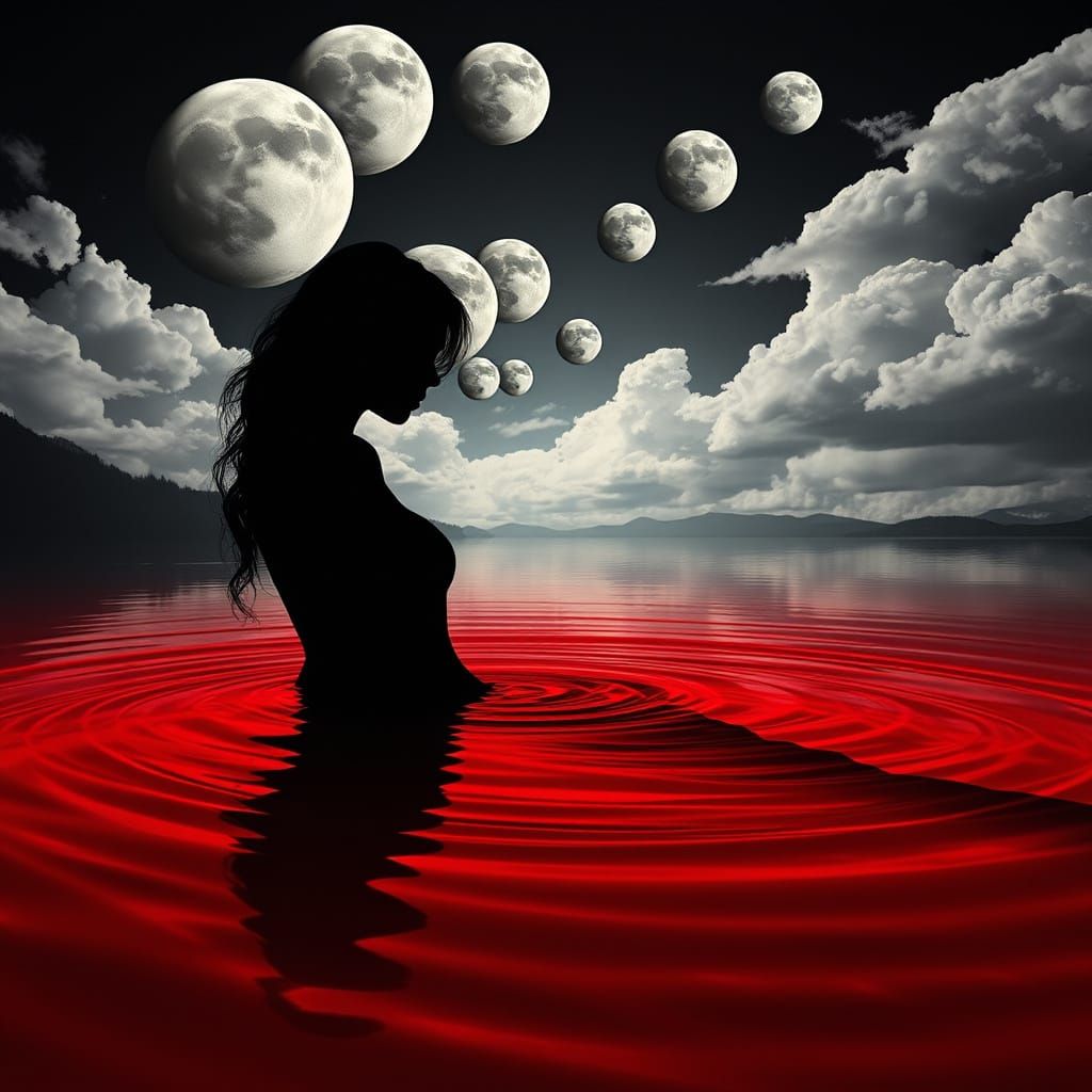 Surreal Red Lake Scene with Floating Furniture and Multiple ...