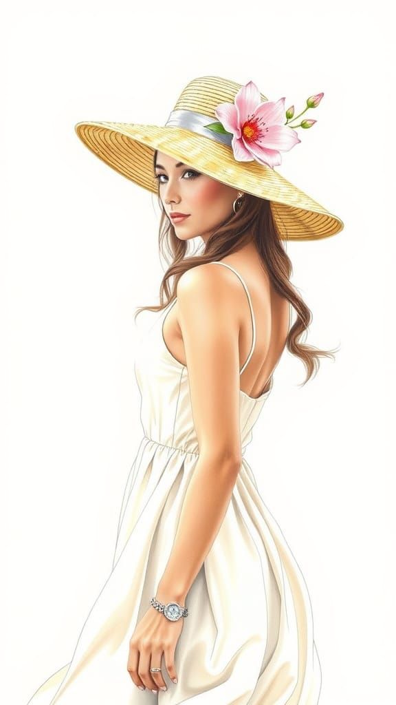 Woman in a Light Dress Sways in a Breeze, Straw Hat Adorned ...
