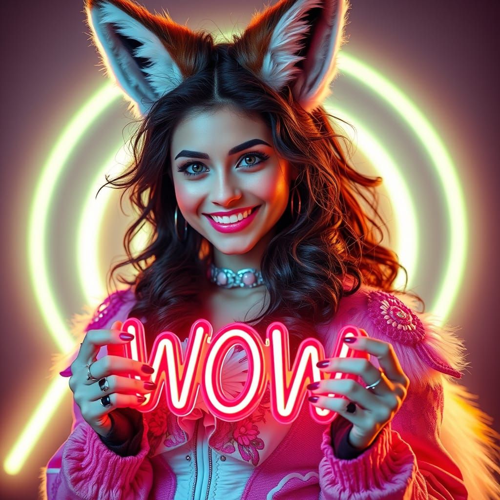 Stunning Fox Woman Poses with Retro-Futuristic Sign