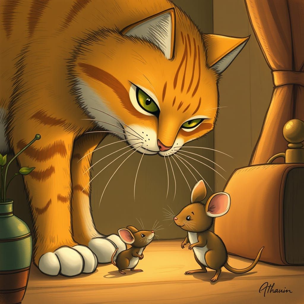 Cat and Mouse in Cozy Room, Whimsical Style