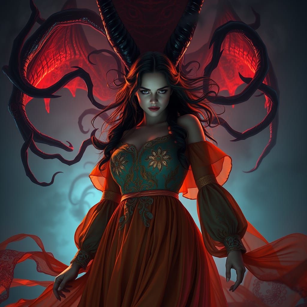 Ethereal Goddess Confronts Dark Entity in Vibrant, Hyperdeta...