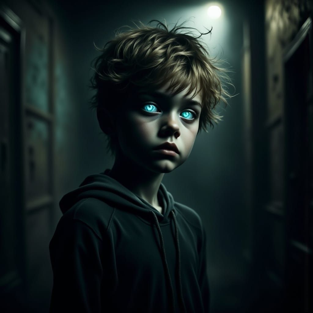 Hyper-Realistic European Boy in Spooky Dark Room with Ethere...