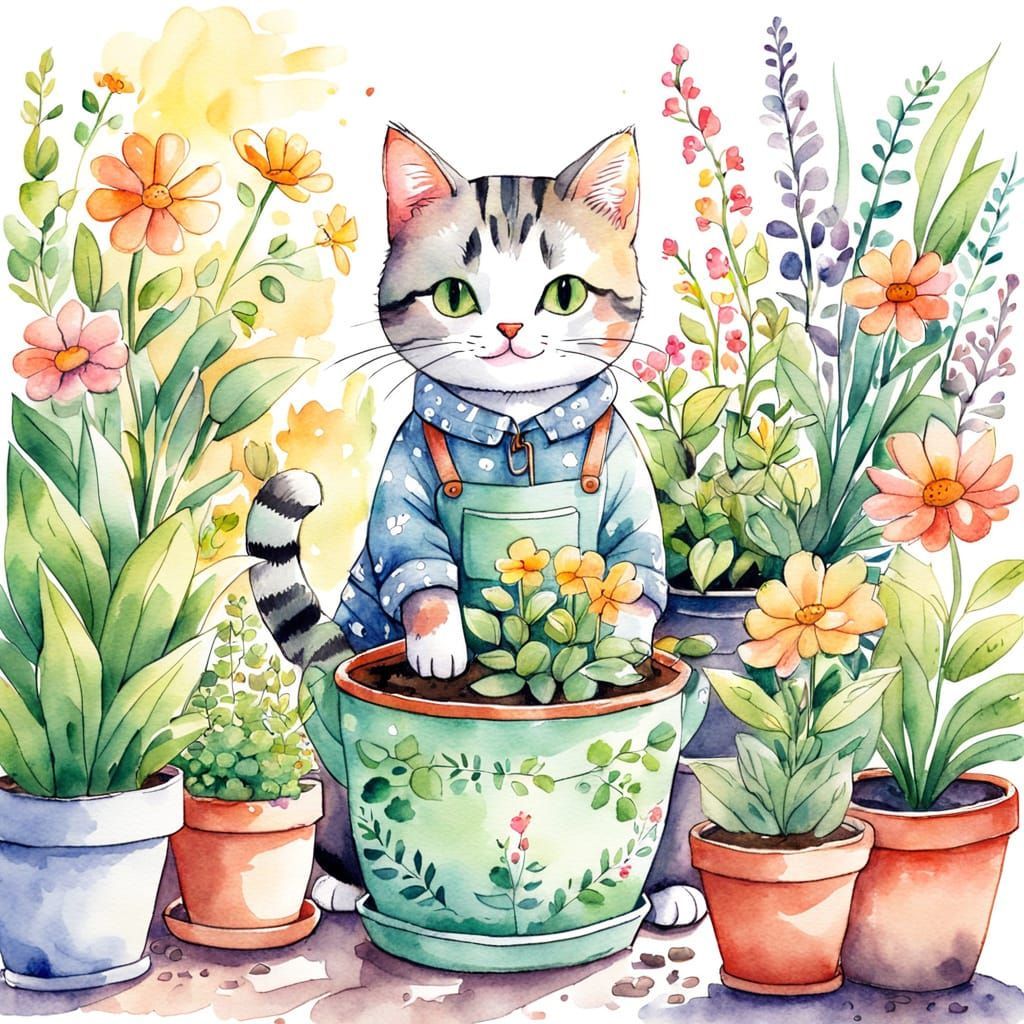 Cute Cat Gardener Planted a Vibrant Flower in Watercolor Sty...