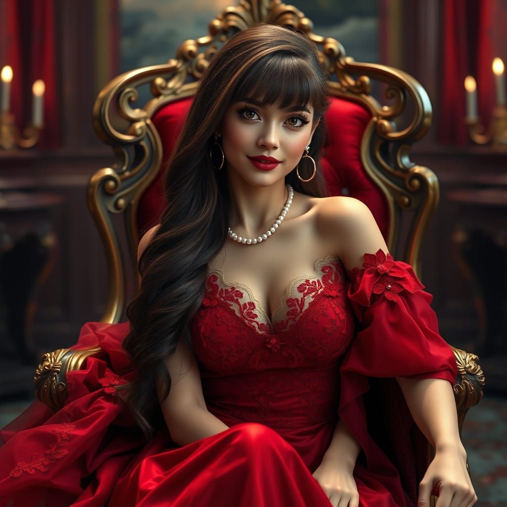 Elegant Fantasy Woman in Red Gown with Intricate Details