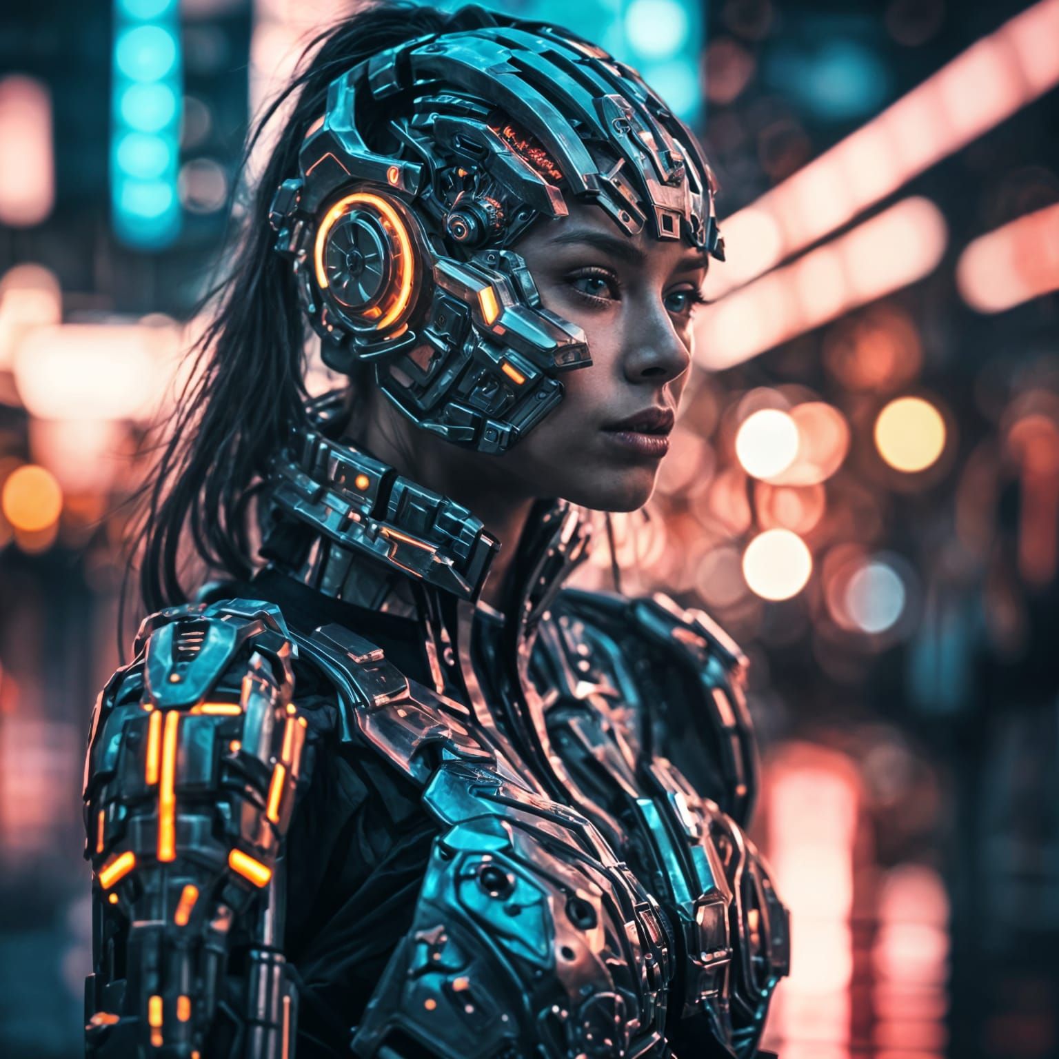 Hyperrealistic Cyborg Girl in Neon Cityscape