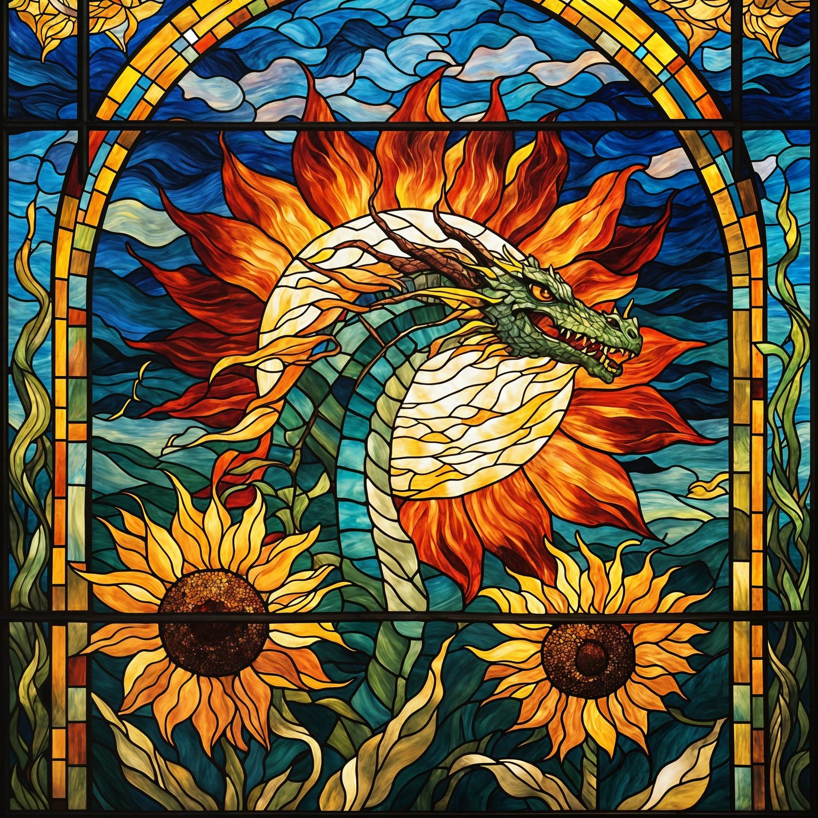 Dragon Illuminated by Fiery Sunlight in Stained Glass