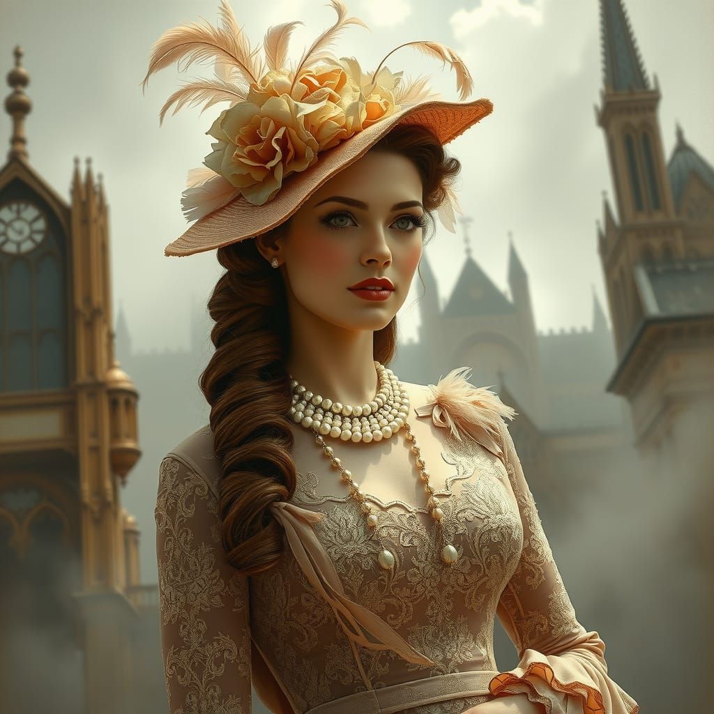 Victorian Woman in Gothic Setting, Romantic Fantasy Painting