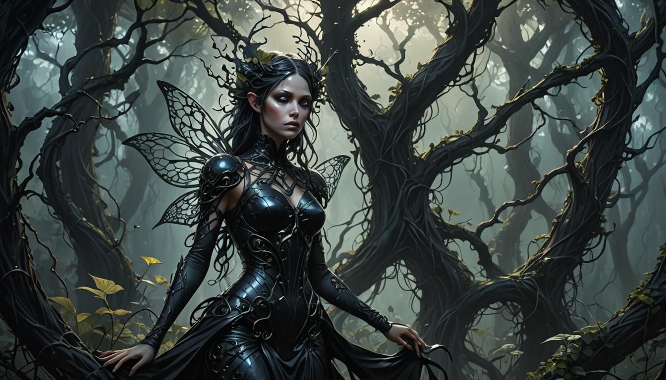 Cybernetic Gothic Fairy in Dark Fantasy Forest