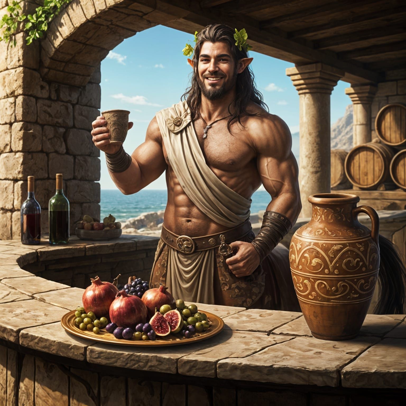 Jolly Centaur Innkeeper Serving Wine and Fruit