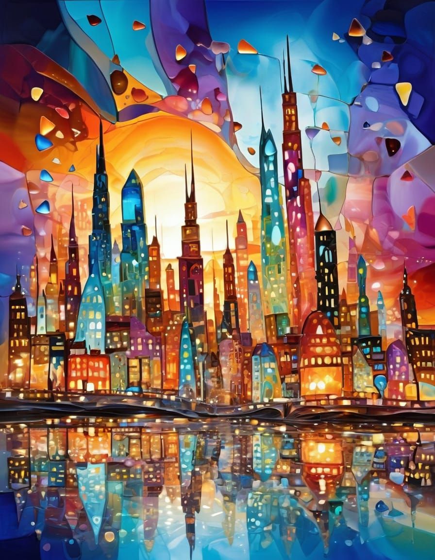 Fantastical Sea Glass Cityscape Under Surreal Sky
