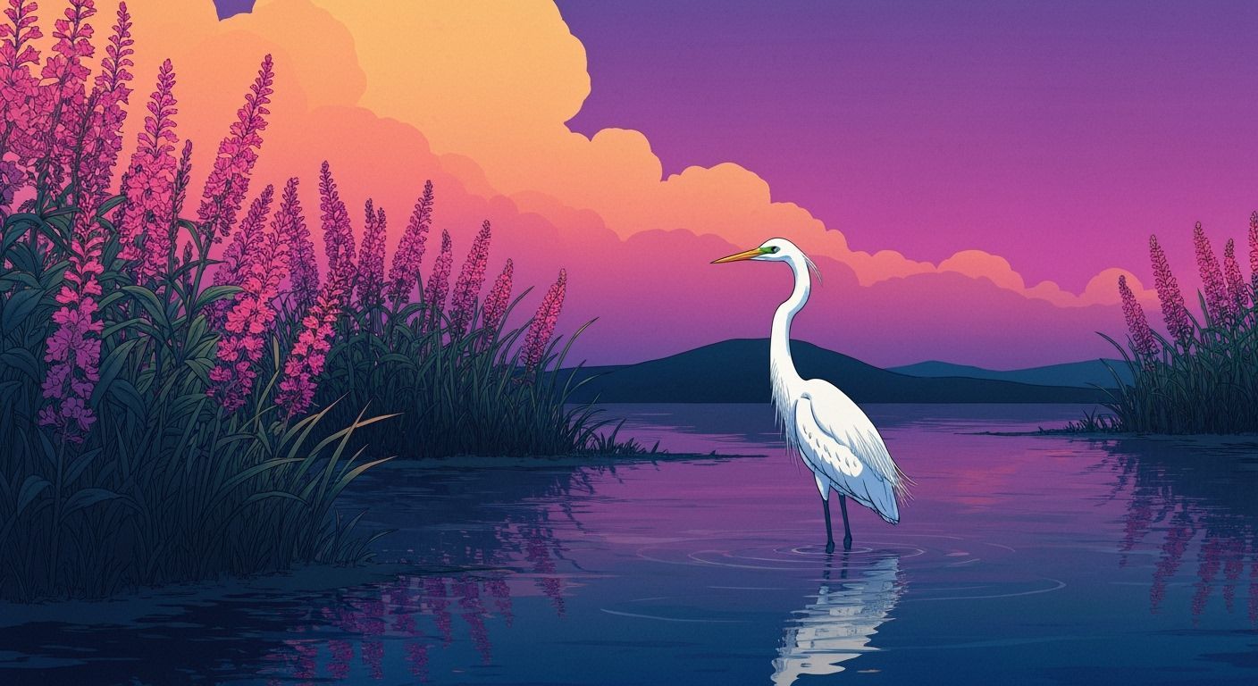 Egret at Mountain Pond in Manga Illustration Style