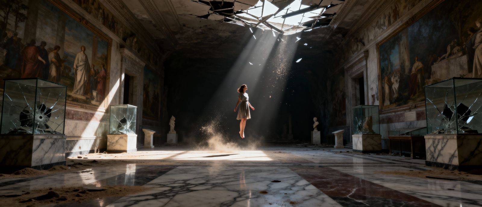 Woman Floats in Abandoned Museum Under Shaft of Light