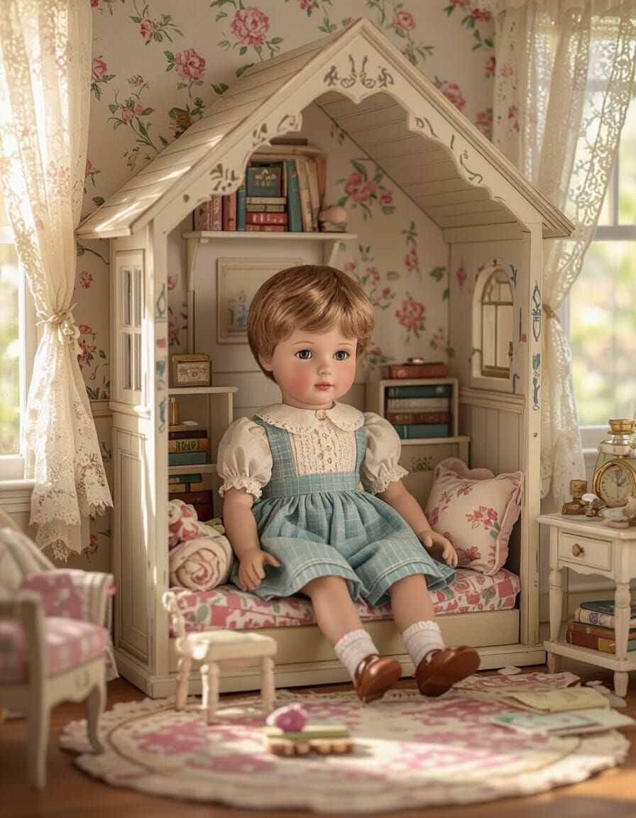 Boy Doll in Vintage Dollhouse, Storybook Style