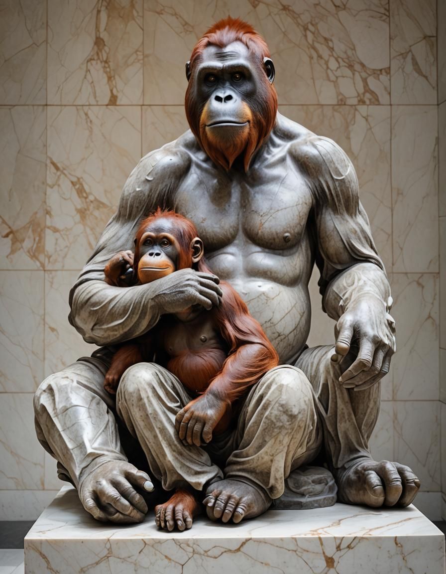 Marble Orangutan Statue in Museum Alcove