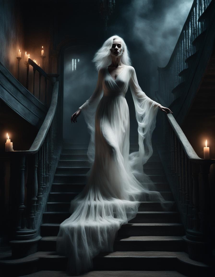 Ethereal Woman Floating in Haunted House