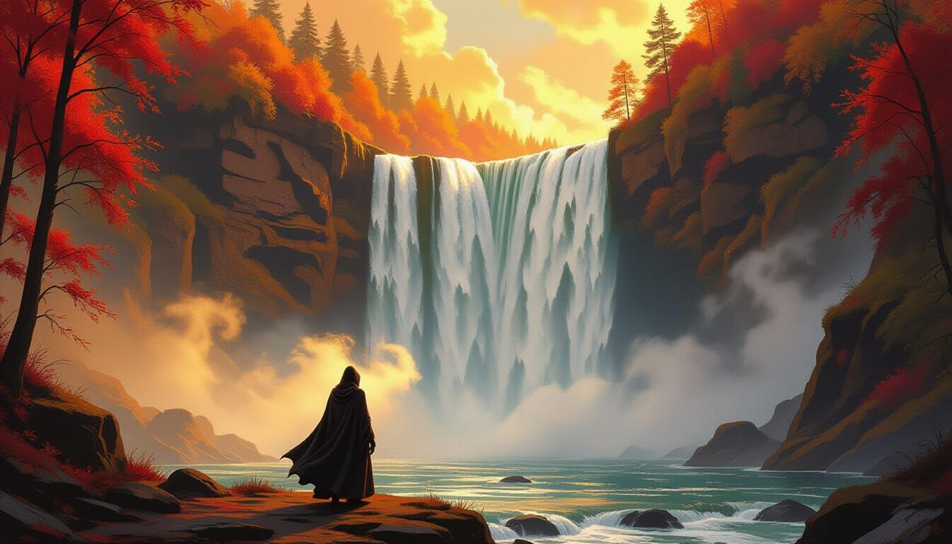 Epic Autumn Waterfall Landscape with Solitary Figure