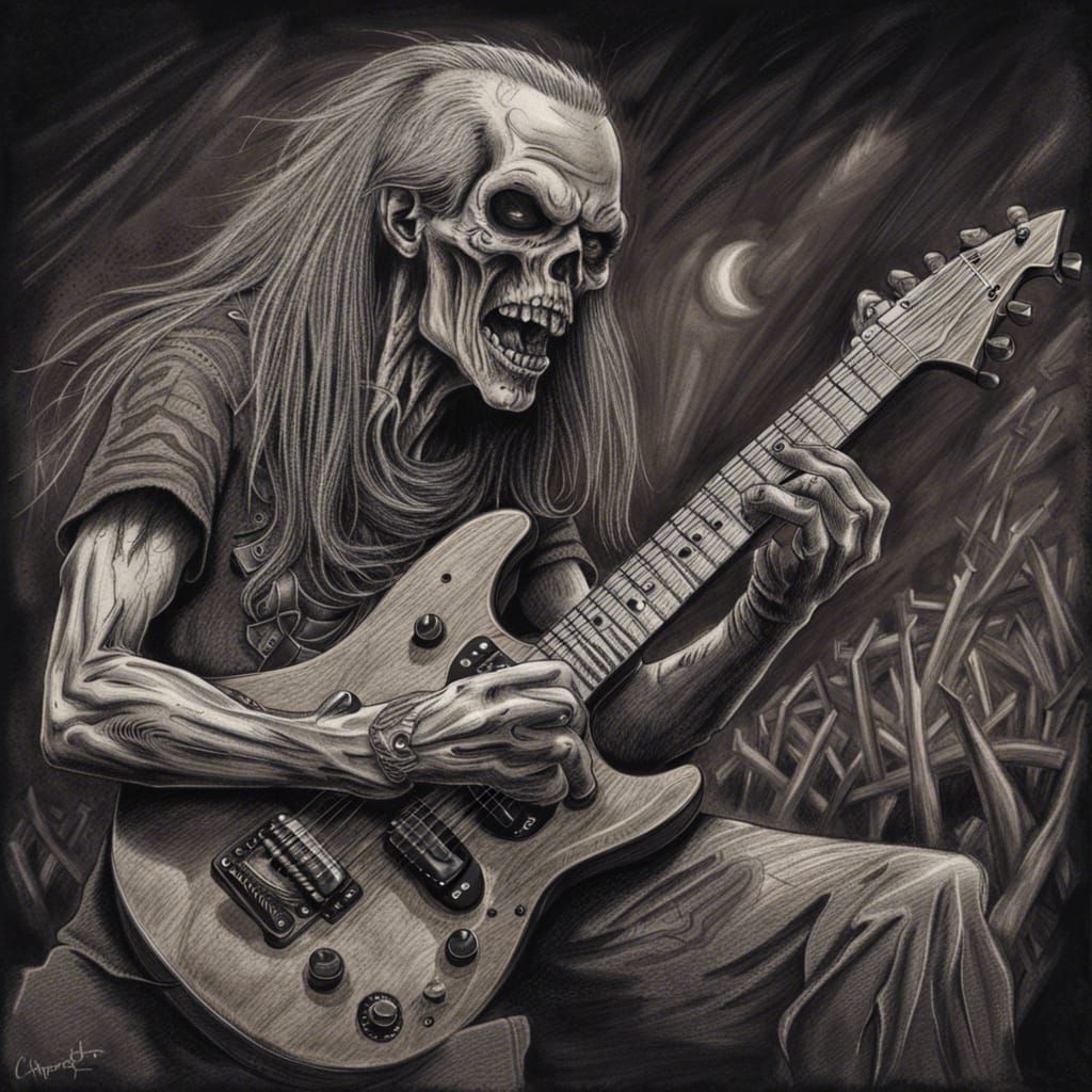 Zombie Metalhead: Hyperdetailed Charcoal Drawing