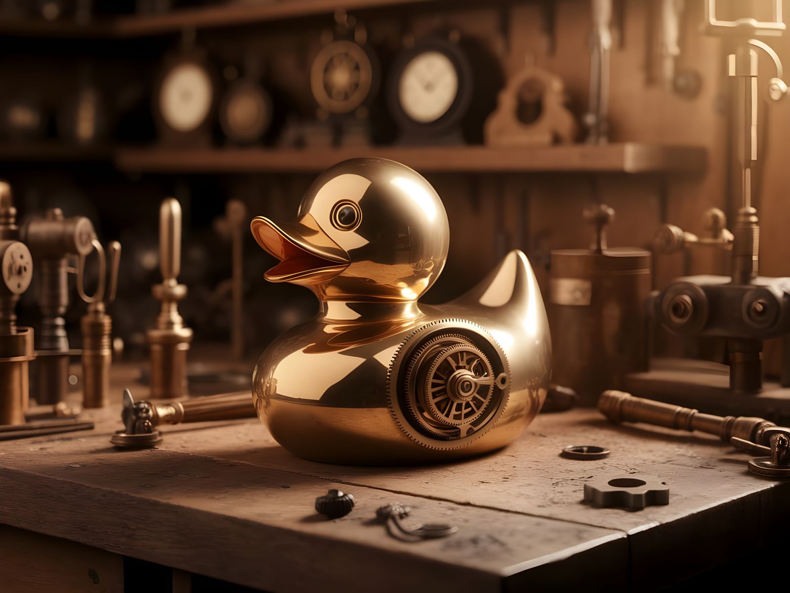 Vintage Mechanical Rubber Duck in Warm Workshop Setting