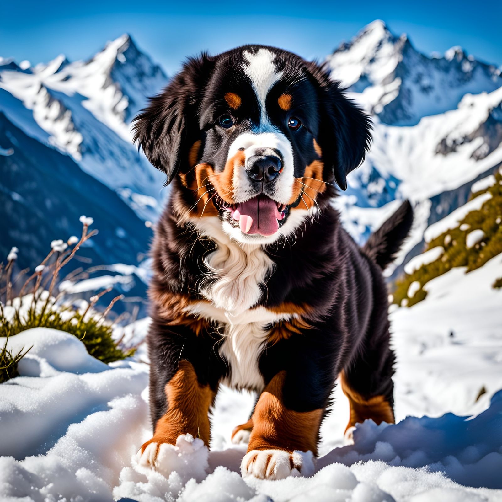 Playful Bernese Puppy in Snowy Swiss Mountains