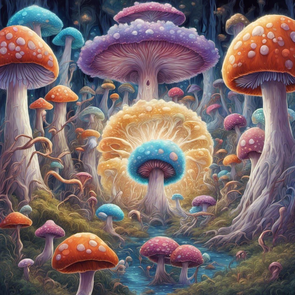 Multidimensional Mushroom Circle with Nymphs in Forest