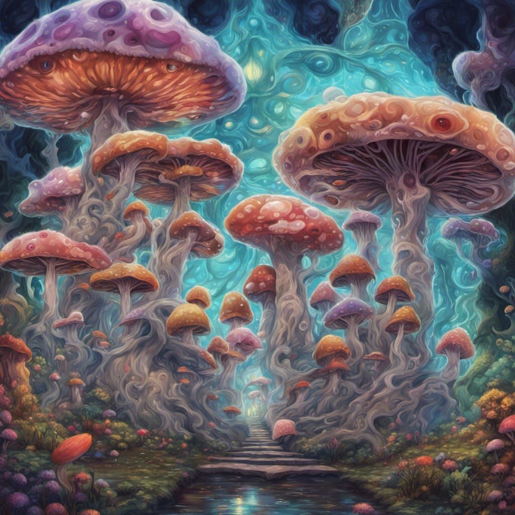 Psychedelic Mushroom Forest with Mythical Creatures