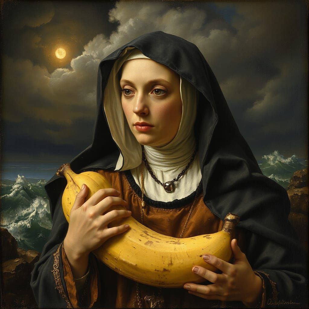 Banana Nun Sailing Stormy Sea: Rembrandt Style