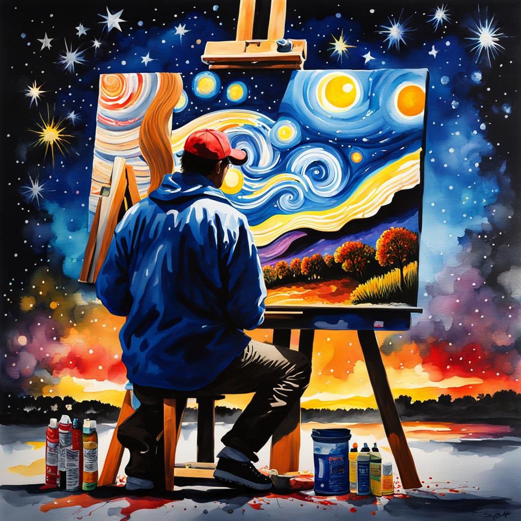 an artist at work on a starry night style painting