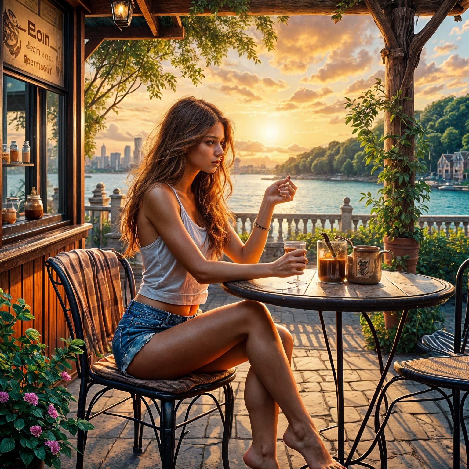 Stunning Woman at Sunrise Cafe: Hyperrealistic Splash Art
