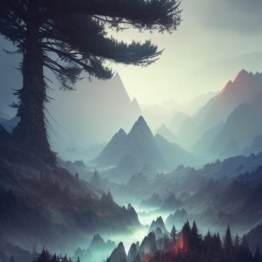 Misty Mountain Landscape in Detailed Fantasy Art Style