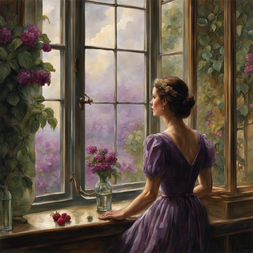 Woman looking out the window, rainy summer day