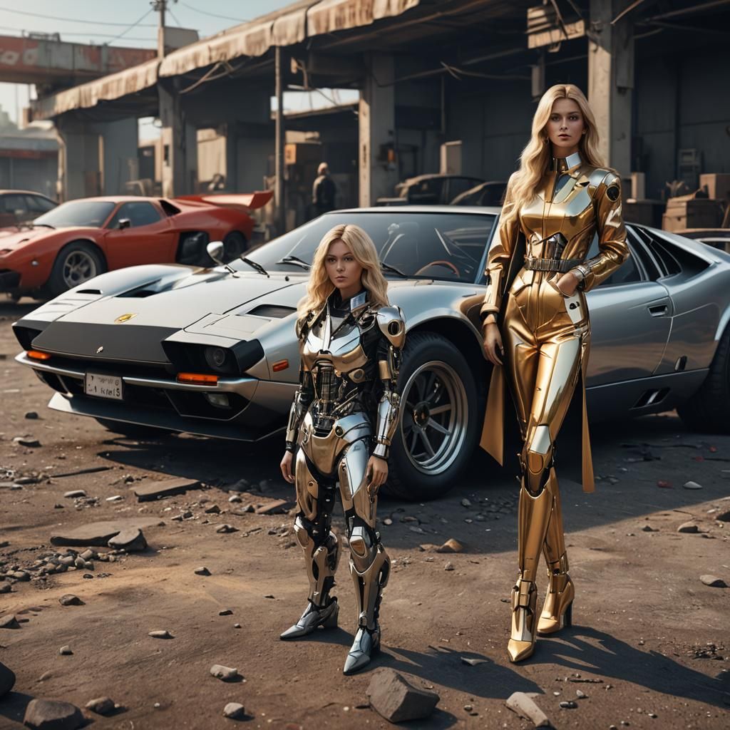 Blonde Woman and Lamborghini Miura in Sci-Fi Style