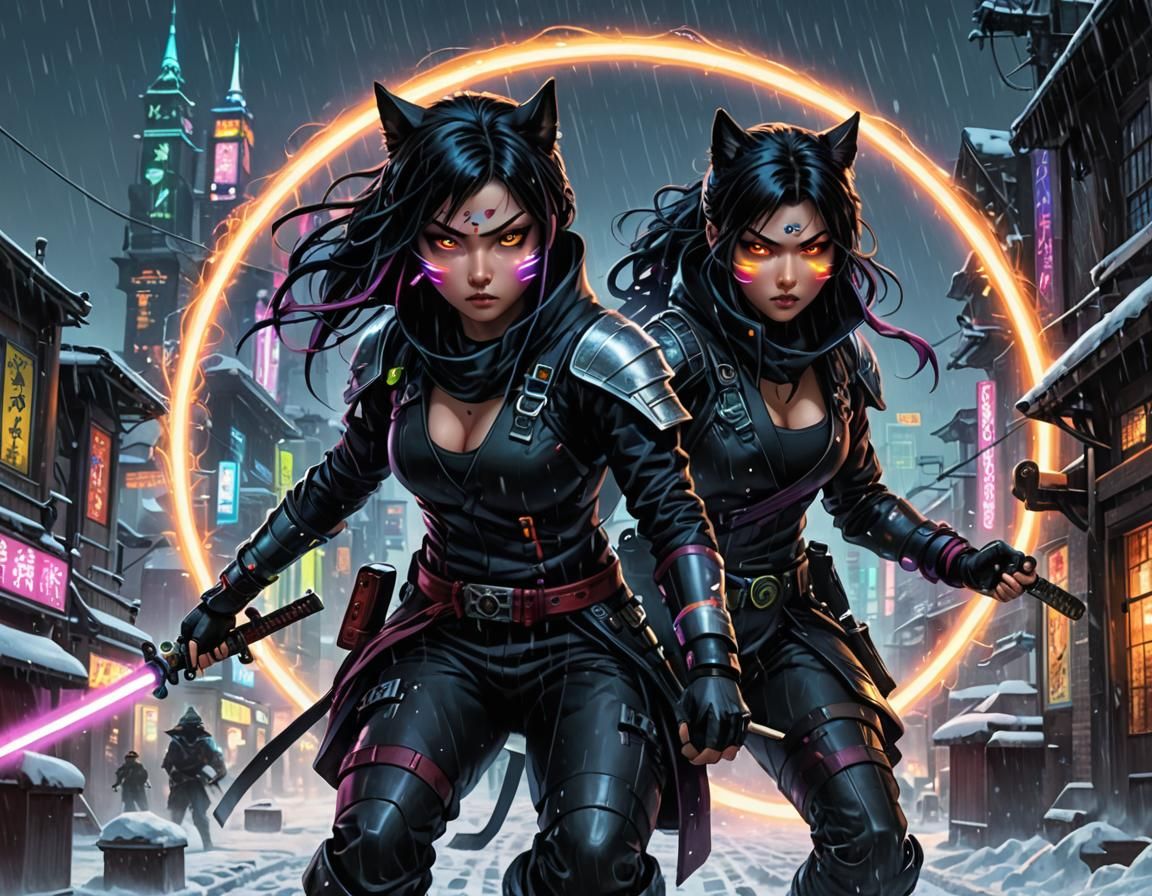 Gothic Ninja vs Cyborgs in Cyberpunk Tokyo