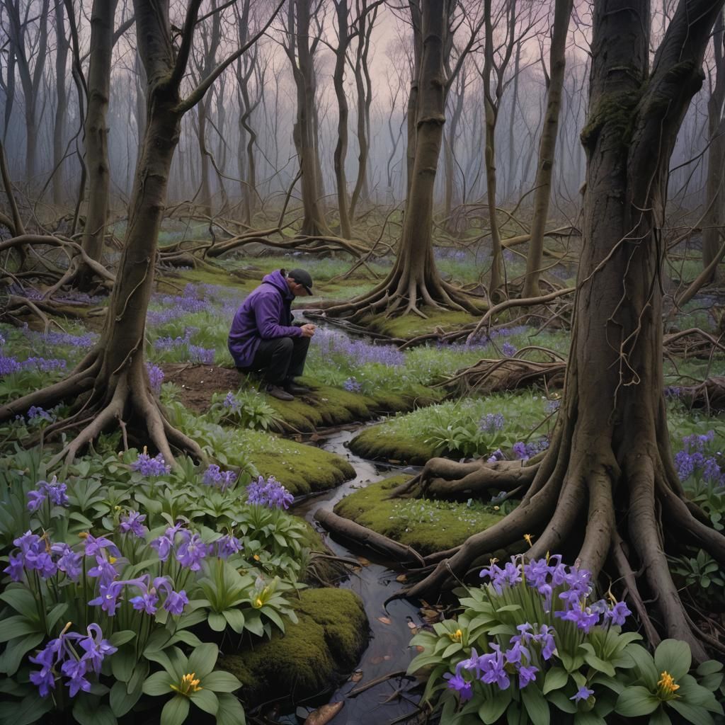 Eerie Surrealist Landscape with Wild Violets, Rutkowski Styl...