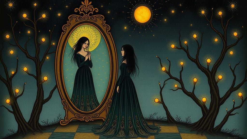 A Woman's Surreal Encounter with Herself in a Whimsical Fair...