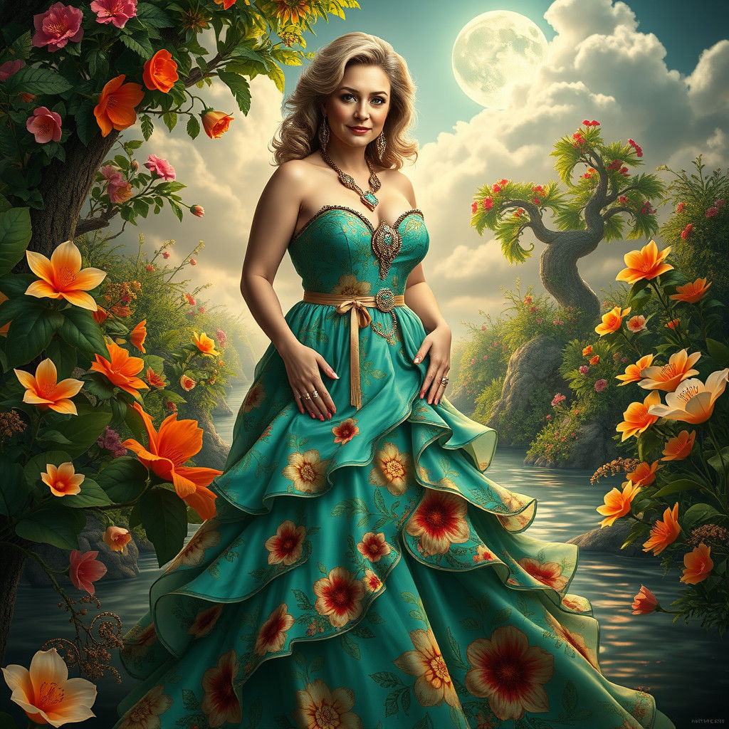 Enchanting Moonlit Goddess in a Whimsical Garden
