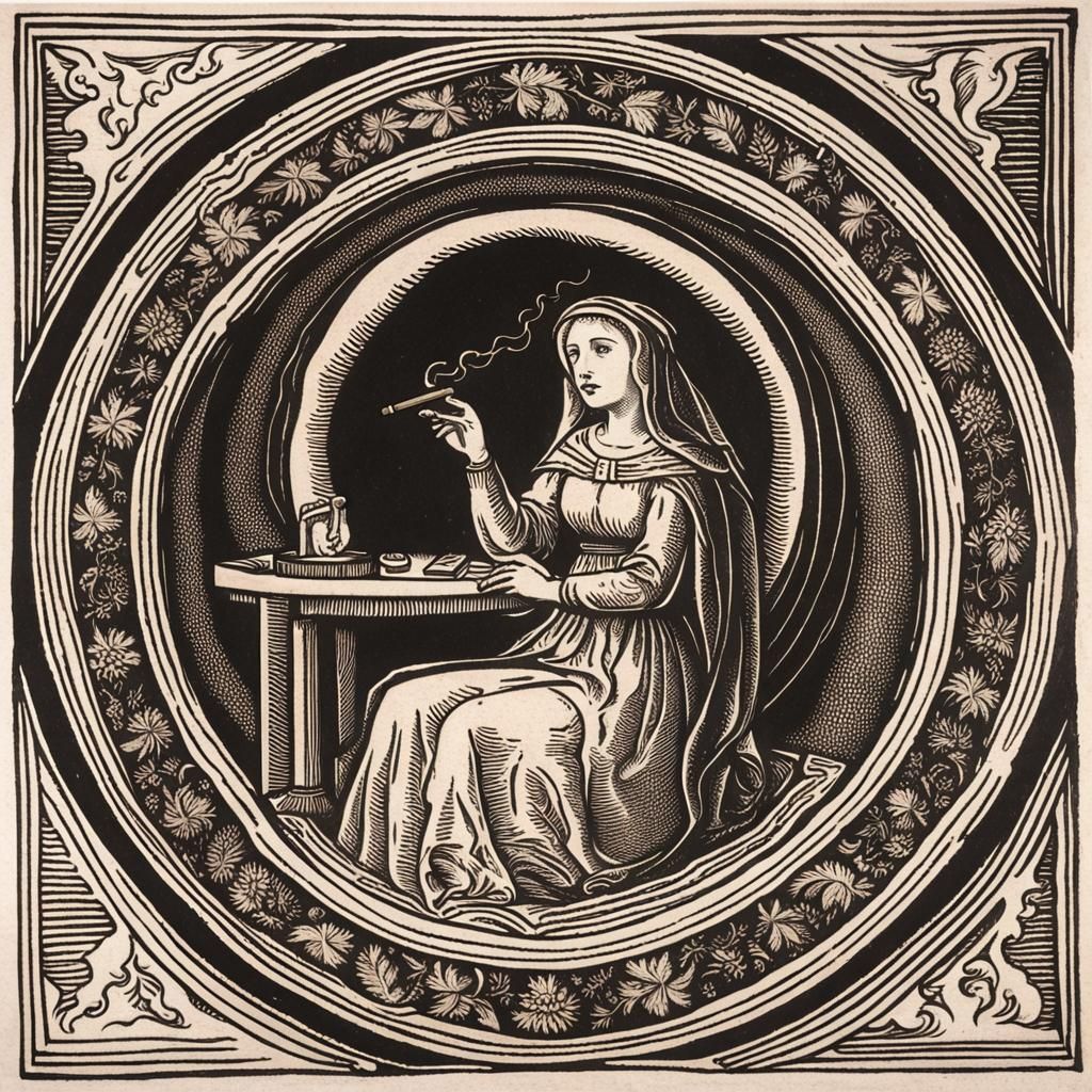 Smoking Figure with Halo: Medieval Woodcut