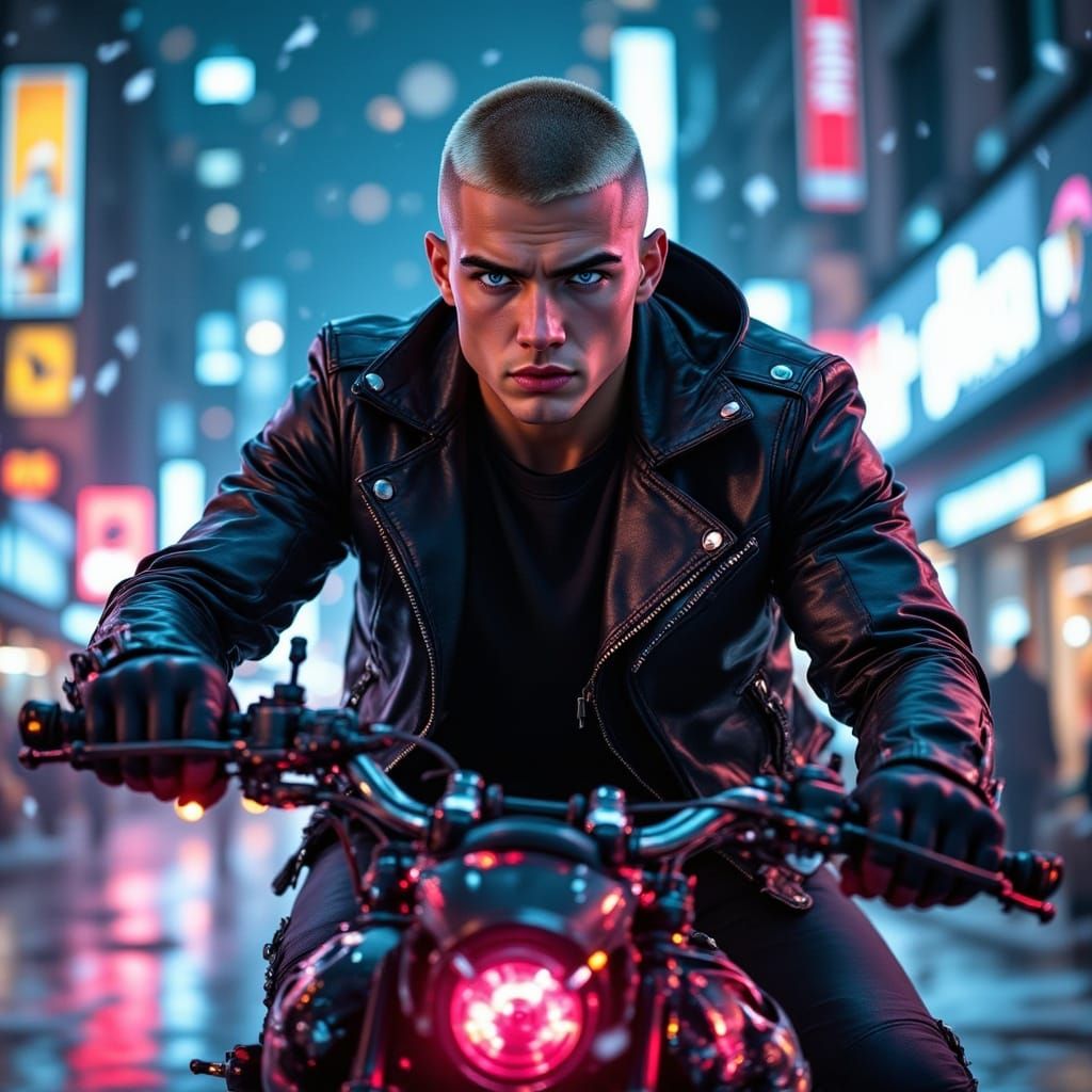 Futuristic Neon Motorcycle Ride in Hyperrealistic Style