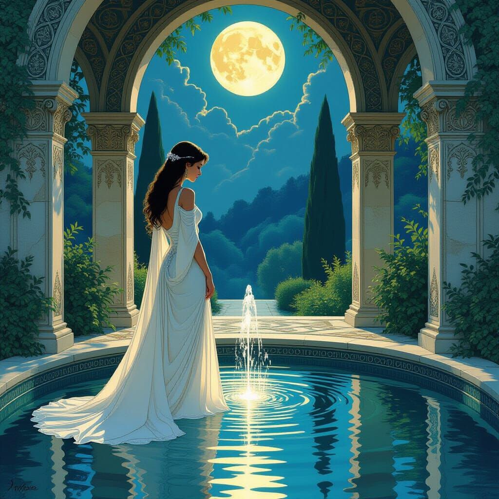 Glowing Fountain in Moonlit Courtyard, Art Nouveau Style