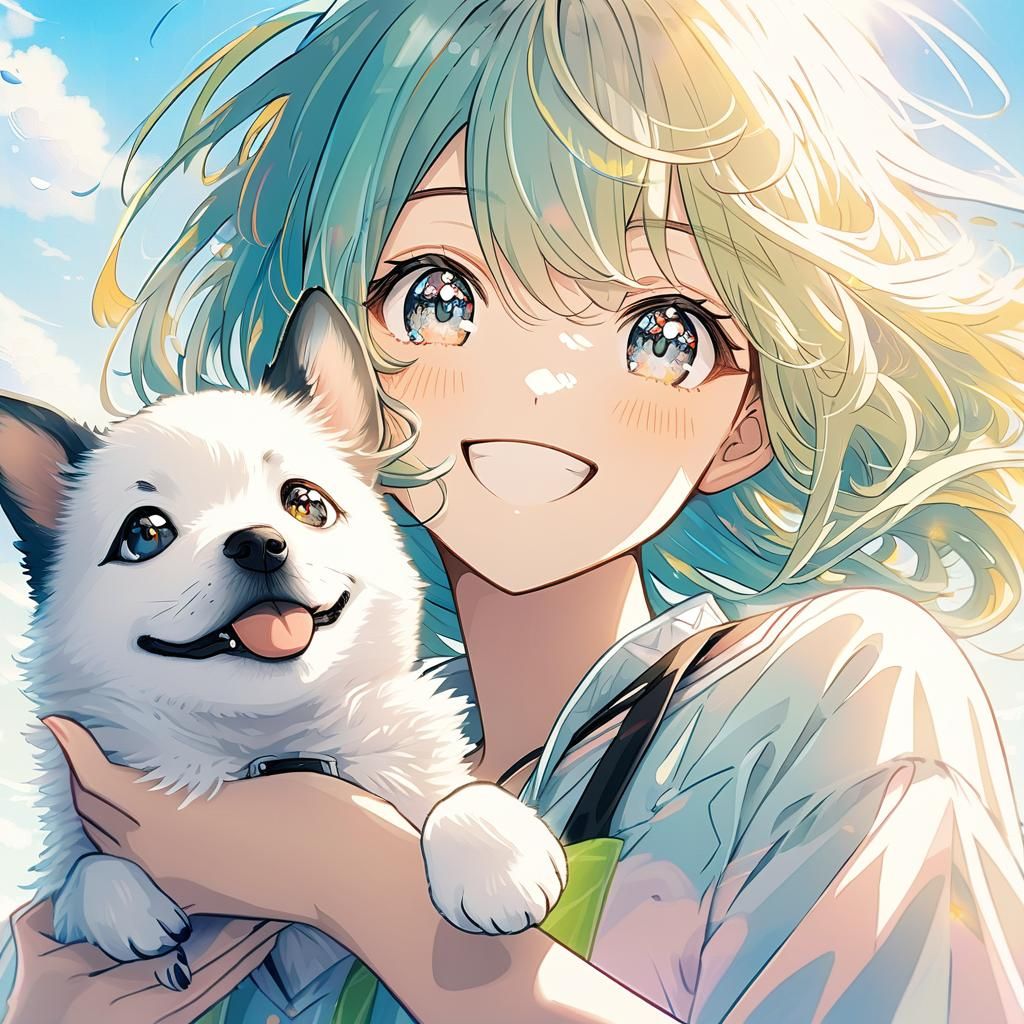 Anime Girl Portrait with Puppy in Pastel Colors