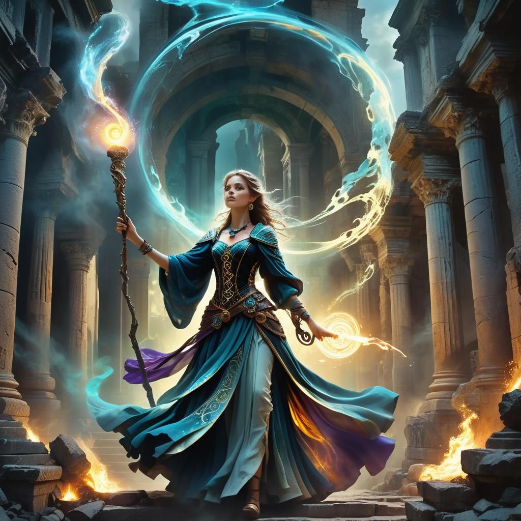Mystical Sorceress Conjuring Vortex: Baroque Fantasy Art
