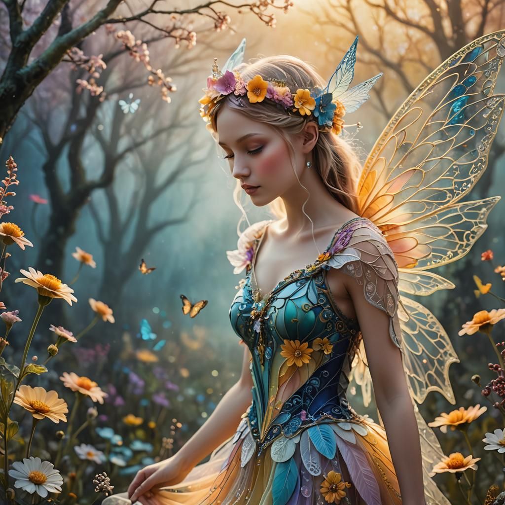 Dream Fairy in Surreal Floral Landscape