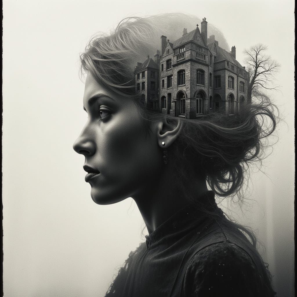 Woman's Profile Merged with European Architecture in Vintage...