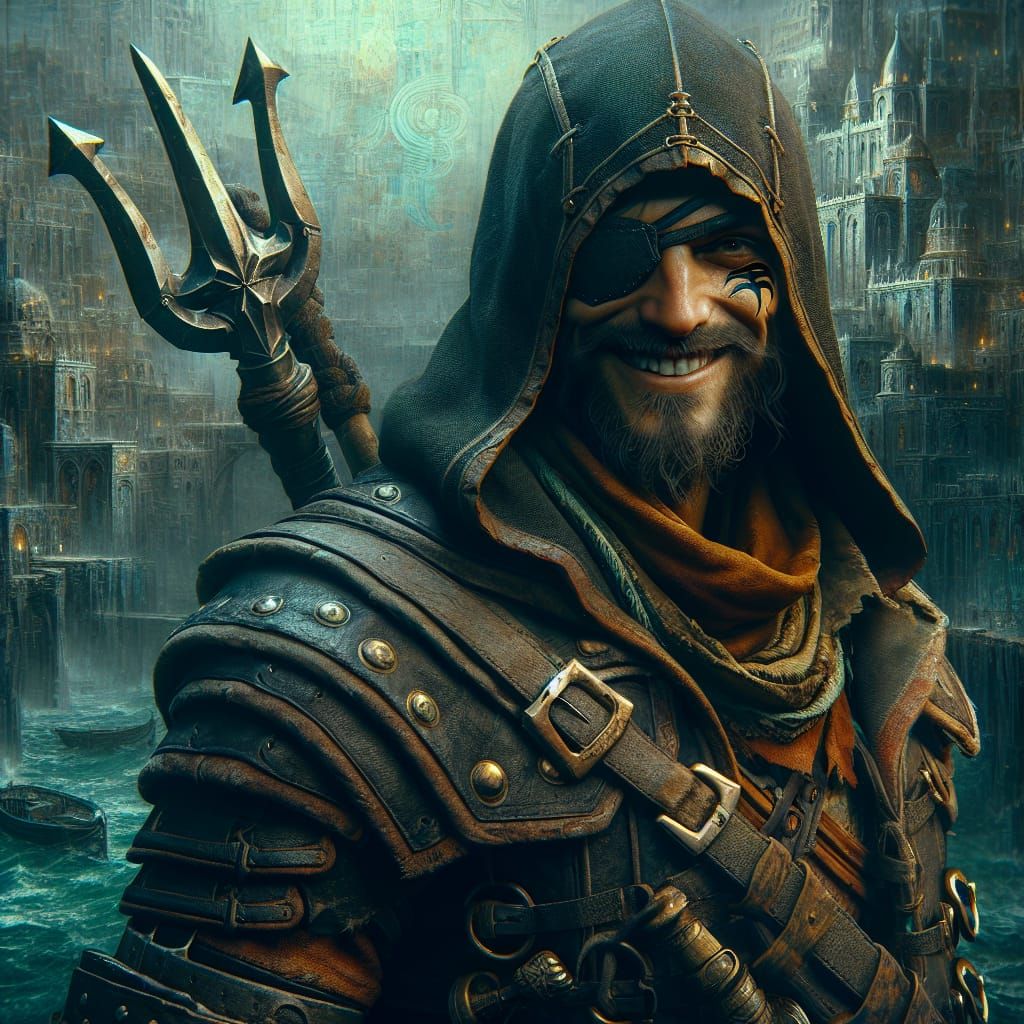 Smiling Bandit in Medieval City: Fantasy 8K Portrait