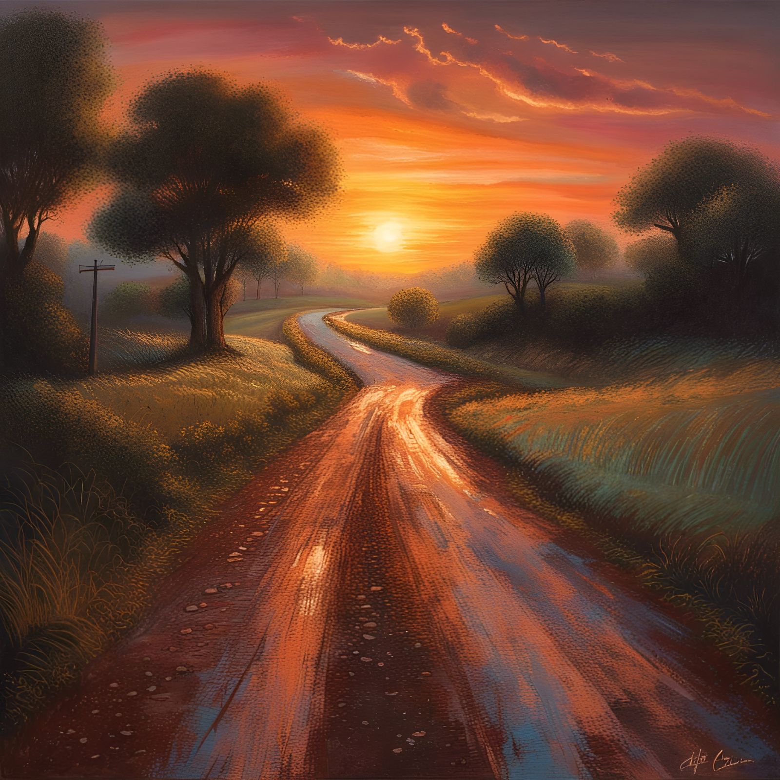 Hyperrealistic Country Road Sunset in Complementary Colors